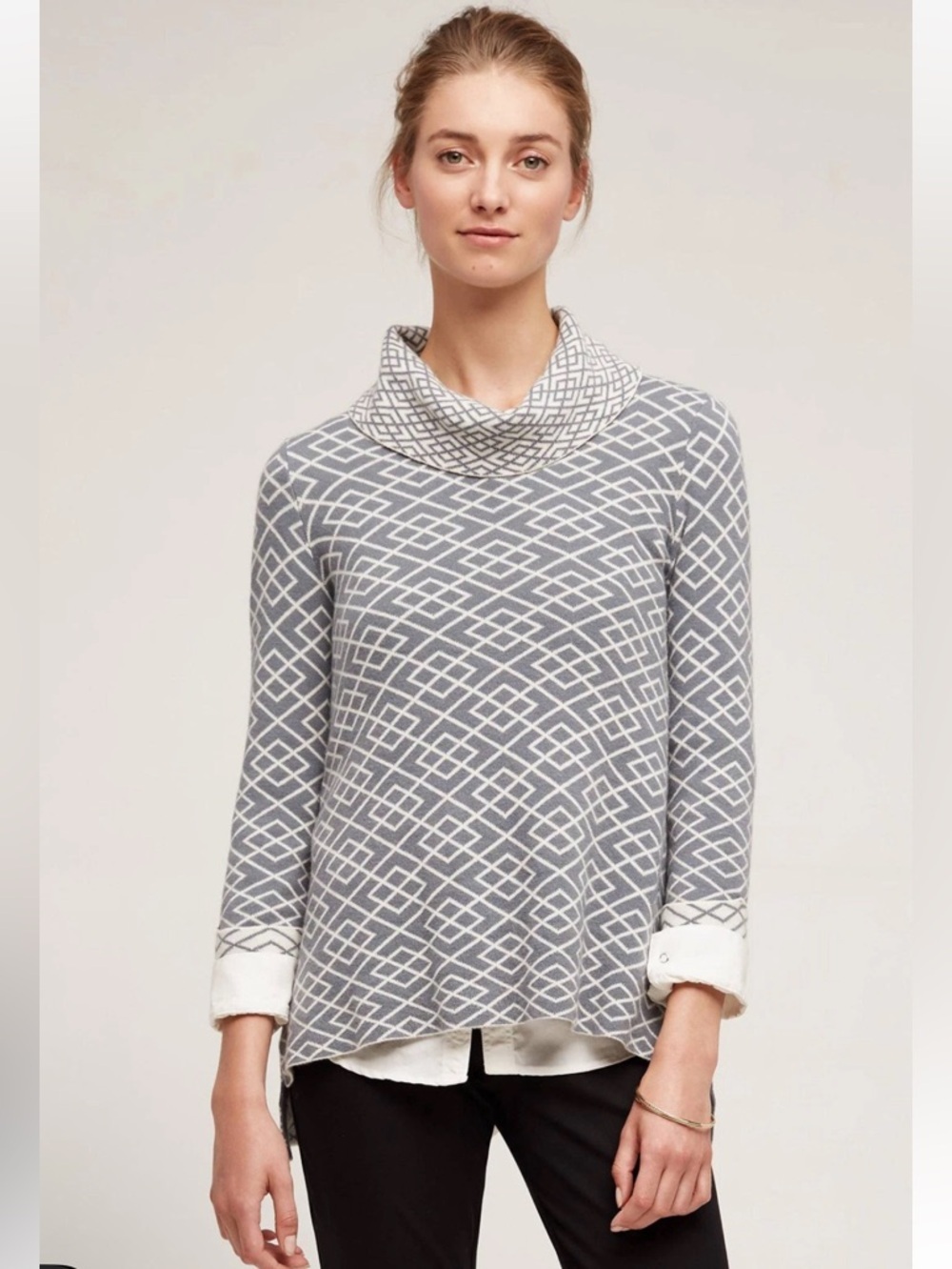 Anthropologie Moth gray & white geometric argyle cowled galena pullover sweater